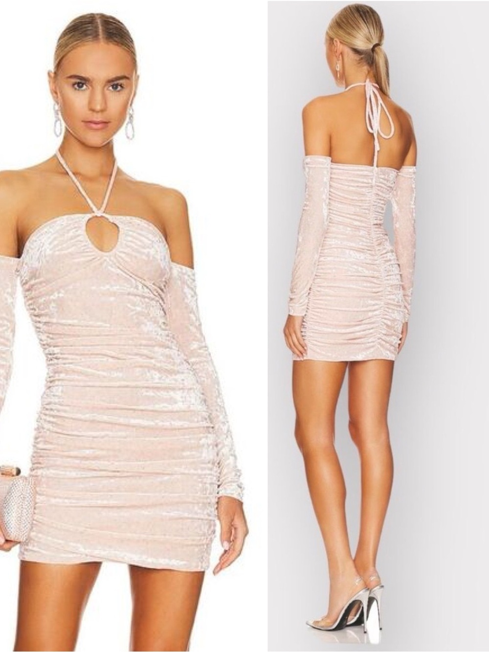 H:OURS Lyka Mini Dress Velvet Light pink Rhinestone medium medium